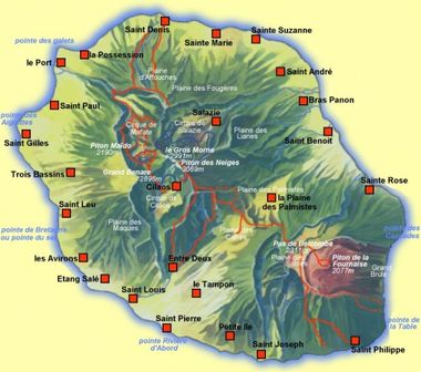 Carte ile de la Réunion avec les GR1 et GR2